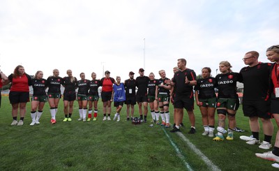 270822 - Canada Women v Wales Women, Summer 15’s World Cup Warm up match - Head coach Ioan Cunningham prepares to make cap presentations