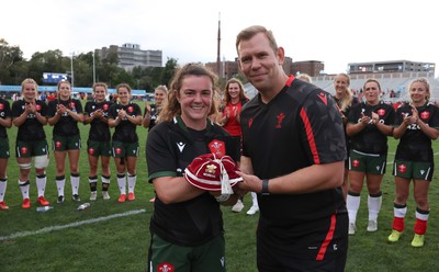 270822 - Canada Women v Wales Women, Summer 15’s World Cup Warm up match - Head coach Ioan Cunningham makes first cap presentation to Eloise Hayward of Wales