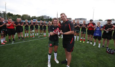 270822 - Canada Women v Wales Women, Summer 15’s World Cup Warm up match - Head coach Ioan Cunningham makes first cap presentation to Eloise Hayward of Wales