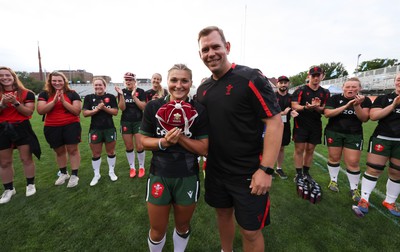 270822 - Canada Women v Wales Women, Summer 15’s World Cup Warm up match - Head coach Ioan Cunningham makes first cap presentation to Lowri Norkett of Wales