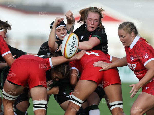 270822 - Canada Women v Wales Women, Summer 15’s World Cup Warm up match - Beth Lewis of Wales and Abbie Fleming of Wales look to win the ball in the lineout