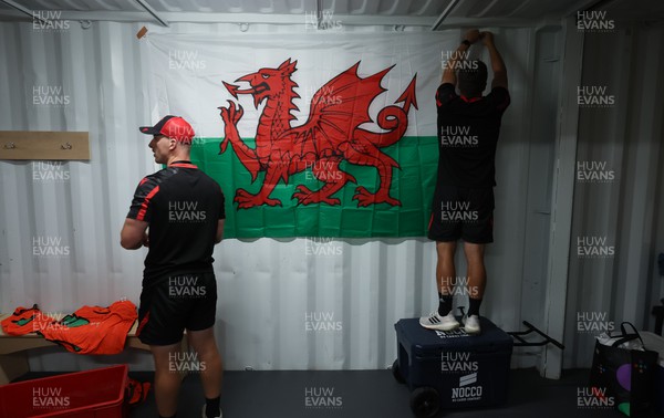 270822 - Canada Women v Wales Women, Summer 15’s World Cup Warm up match - A Welsh flag is put up in the Wales team’s changing room