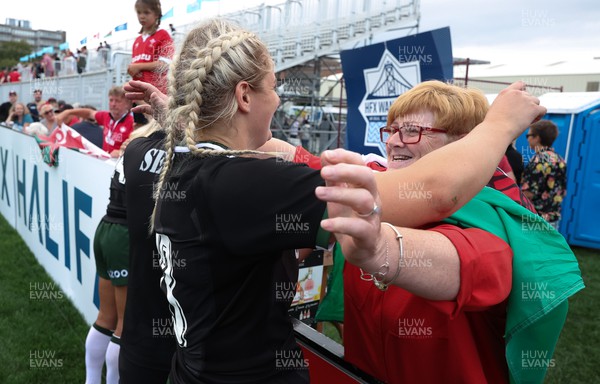 270822 - Canada Women v Wales Women, Summer 15’s World Cup Warm up match - Carys Williams-Morris of Wales embraces mum Bethan at the end of the match