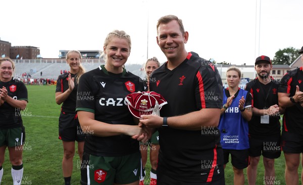 270822 - Canada Women v Wales Women, Summer 15’s World Cup Warm up match - Head coach Ioan Cunningham makes first cap presentation to Carys Williams-Morris of Wales