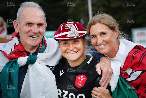 270822 - Canada Women v Wales Women, Summer 15’s World Cup Warm up match - Lowri Norkett of Wales with parents Caroline and Kim and her first cap