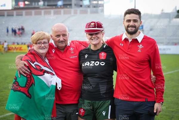 270822 - Canada Women v Wales Women, Summer 15’s World Cup Warm up match - Carys Williams-Morris of Wales with parents Bethan and Wyn and brother Dewi at the end of the match