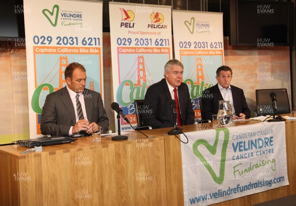 25.05.11 -  Captains California Bike Ride 2012 Launch, Senedd -  First Minister Carwyn Jones with Mike Hall (left) and Jonathan Davies at the launch of The Captains California Bike Ride in aid of the Stepping Stones Appeal which is raising money for lung cancer research at Velindre Cancer Centre. 