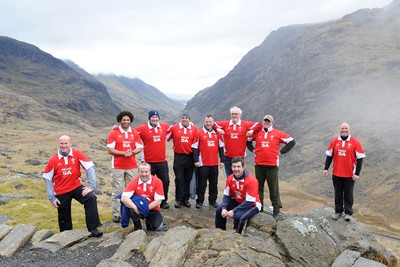 24.03.10 -  Brains Captains Kilimanjaro Climb - (L-R)Paul Thorburn, Colin Charvis, Garin Jenkins, Emyr Lewis, Mike Hall, Bleddyn Bowen, Eddie Butler, Robert Jones, Robert Norster and Ieuan Evans during a climb up Snowdon in training for the Brains Captains Kilimanjaro Climb. 