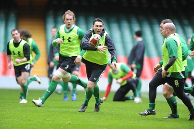 12.02.10 Wales rugby training... Stephen Jones releases the ball. 