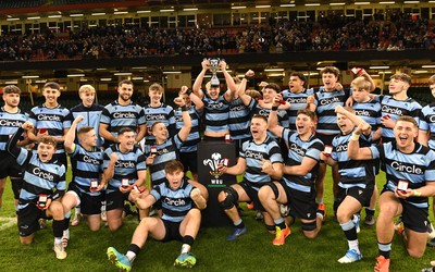 081221 - Cardiff and Vale College v Llandovery College - Nationals Schools and Colleges Cup Final - Cardiff and Vale College players lift the trophy