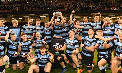 081221 - Cardiff and Vale College v Llandovery College - Nationals Schools and Colleges Cup Final - Cardiff and Vale College players lift the trophy