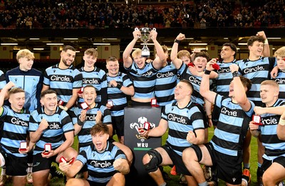 081221 - Cardiff and Vale College v Llandovery College - Nationals Schools and Colleges Cup Final - Cardiff and Vale College players lift the trophy