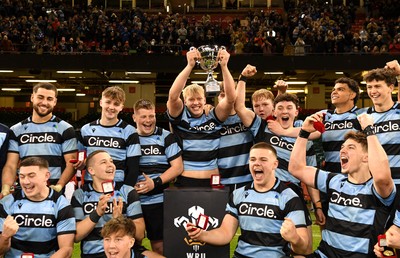 081221 - Cardiff and Vale College v Llandovery College - Nationals Schools and Colleges Cup Final - Cardiff and Vale College players lift the trophy