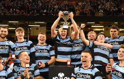 081221 - Cardiff and Vale College v Llandovery College - Nationals Schools and Colleges Cup Final - Cardiff and Vale College players lift the trophy