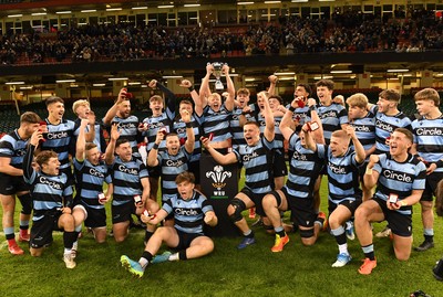 081221 - Cardiff and Vale College v Llandovery College - Nationals Schools and Colleges Cup Final - Cardiff and Vale College players lift the trophy