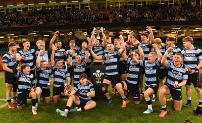 081221 - Cardiff and Vale College v Llandovery College - Nationals Schools and Colleges Cup Final - Cardiff and Vale College players lift the trophy