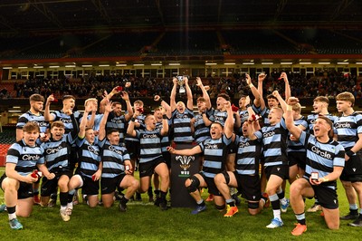 081221 - Cardiff and Vale College v Llandovery College - Nationals Schools and Colleges Cup Final - Cardiff and Vale College players lift the trophy