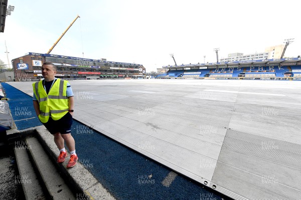 160420 -  Head groundsman Matthew Jones at Cardiff Arms Park as the NHS uses the space to facilitate the operation at Principality Stadium during the COVID-19 coronavirus outbreak
