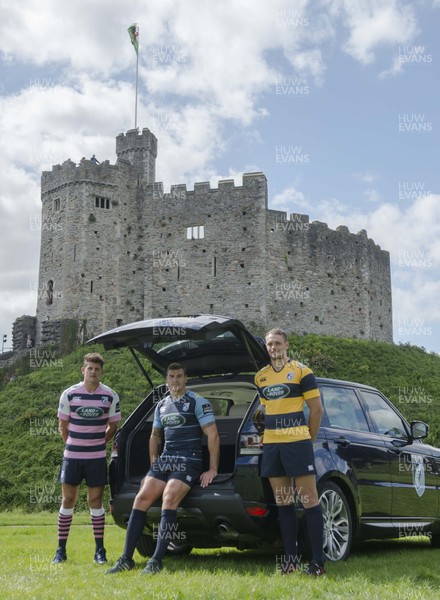 090816 - Cardiff Blues Sponsorship Announcement -Lloyd Williams, Tom James and Cory Allen at Cardiff Castle after announcing Cardiff Blues new principal partner Land Rover