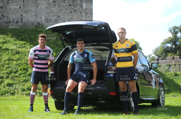 090816 - Cardiff Blues Sponsorship Announcement -Lloyd Williams, Tom James and Cory Allen at Cardiff Castle after announcing Cardiff Blues new principal partner Land Rover