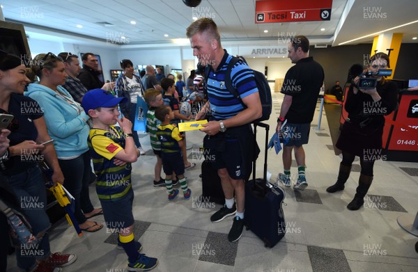 130518 - Cardiff Blues Arrival - Gareth Anscombe arrives at Cardiff Airport after winning the European Rugby Challenge Cup