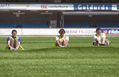 250713 - Cardiff Blues Pitch Renovation -Work continues at Arms Park on Cardiff Blues pitch as the new artificial pitch is laid down by workers