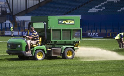 250713 - Cardiff Blues Pitch Renovation -Work continues at Arms Park on Cardiff Blues pitch as the new artificial pitch is laid down by workers