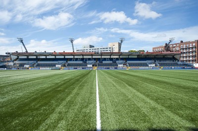 250713 - Cardiff Blues Pitch Renovation -Work continues at Arms Park on Cardiff Blues pitch as the new artificial pitch is laid down by workers