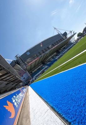 250713 - Cardiff Blues Pitch Renovation -Work continues at Arms Park on Cardiff Blues pitch as the new artificial pitch is laid down by workers