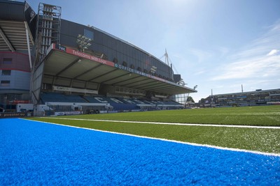 250713 - Cardiff Blues Pitch Renovation -Work continues at Arms Park on Cardiff Blues pitch as the new artificial pitch is laid down by workers