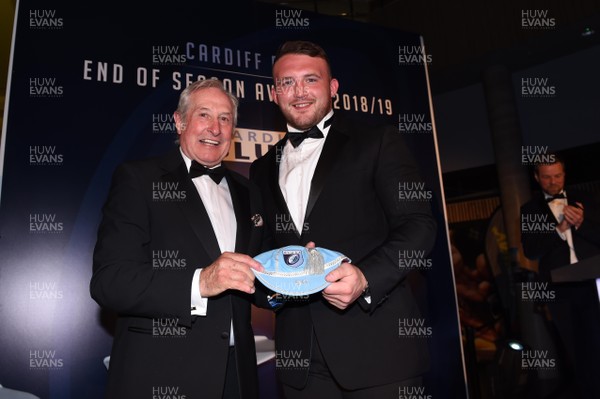 090519 - Cardiff Blues Awards - Dillon Lewis receives his 50th cap from Sir Gareth Edwards