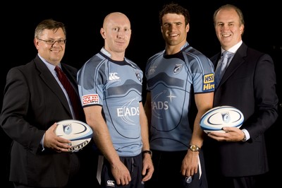 12.08.08...Cardiff Blues... Cardiff Blues Chief Executive Bob Norster with EADS DS Vice President Mike Simms  and Blues players Tom Shanklin and Jamie Roberts at the launch of the new sponsorship deal. 