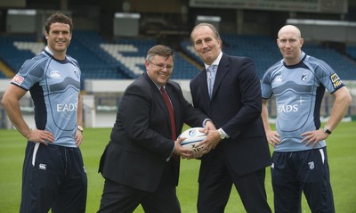 12.08.08...Cardiff Blues... Cardiff Blues Chief Executive Bob Norster with EADS DS Vice President Mike Simms  and Blues players Tom Shanklin and Jamie Roberts at the launch of the new sponsorship deal. 