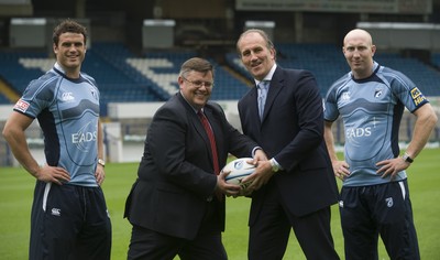 12.08.08...Cardiff Blues... Cardiff Blues Chief Executive Bob Norster with EADS DS Vice President Mike Simms  and Blues players Tom Shanklin and Jamie Roberts at the launch of the new sponsorship deal. 