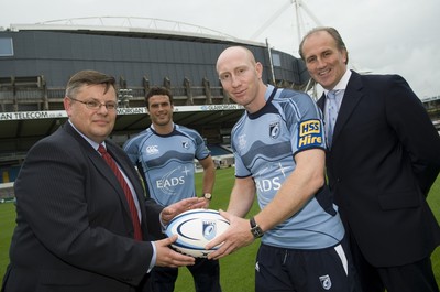 12.08.08...Cardiff Blues... Cardiff Blues Chief Executive Bob Norster with EADS DS Vice President Mike Simms  and Blues players Tom Shanklin and Jamie Roberts at the launch of the new sponsorship deal. 