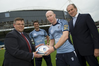 12.08.08...Cardiff Blues... Cardiff Blues Chief Executive Bob Norster with EADS DS Vice President Mike Simms  and Blues players Tom Shanklin and Jamie Roberts at the launch of the new sponsorship deal. 