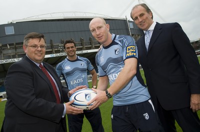 12.08.08...Cardiff Blues... Cardiff Blues Chief Executive Bob Norster with EADS DS Vice President Mike Simms  and Blues players Tom Shanklin and Jamie Roberts at the launch of the new sponsorship deal. 