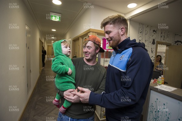 071217 - Cardiff Blues visit Ronald McDonald House at Noah's Ark Childrens Hospital at The Heath - Macauley Cook with Jamie Sheen and 13 month old son Jayden