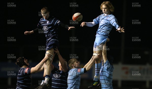 260219 - Cardiff Blues North U16s v Cardiff Blues South U16s - Regional Age Grade Championship - Tirion Bowen of Blues South wins the line out