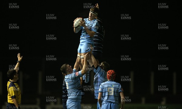 260219 - Cardiff Blues North U16s v Cardiff Blues South U16s - Regional Age Grade Championship - Gwilym Evans of Blues South wins the line out