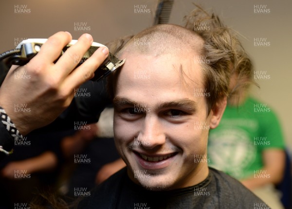 311213 - Cardiff Blues Charity Hair Shave -Chris Czekaj has his hair shaved off to raise money for Velindre in support of team Mattew Rees who is being treated for testicular cancer