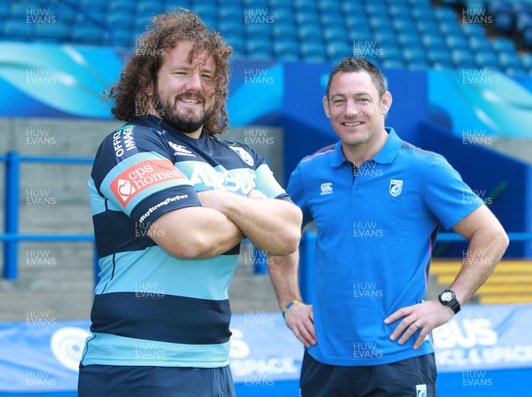 190814 - Cardiff Blues Photocall - Adam Jones signs for the Cardiff Blues with Mark Hammett 