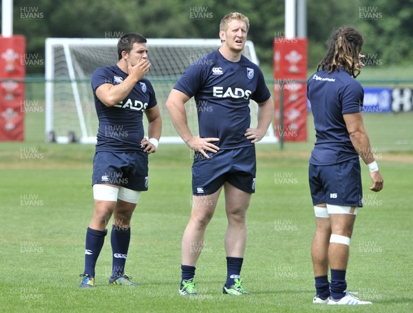 260713 - Cardiff Blues Training -   Ellis Jenkins, left, with Bradley Davies and Josh Navidi