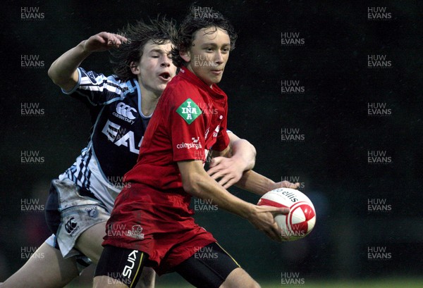 070911 -Cardiff Blues U16 North v Scarlets U16, Age Grade Regional Championship -  Scarlets Aaron Forey is tackled as he sets up an attack