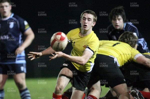 17.03.11... Cardiff Blues U17 v Welsh Schools U16, Abercynon -  Wales Schools Daniel Brooks feed the ball out 