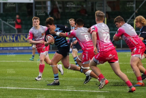 280621 - Cardiff Blues U18 v Dragons U18 - Gwilym Evans of Cardiff Blues charges towards the line on his way to scoring try