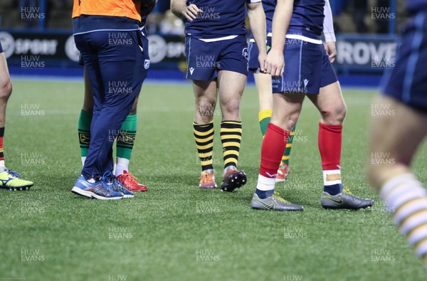 230220 - Cardiff Blues v Benetton Rugby, Guinness PRO14 - Cardiff Blues players wearing socks from their parent clubs during the match
