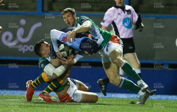 230220 - Cardiff Blues v Benetton Rugby, Guinness PRO14 - Ryan Edwards of Cardiff Blues is tackled just short of the line
