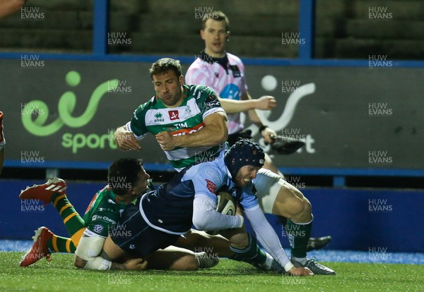 230220 - Cardiff Blues v Benetton Rugby, Guinness PRO14 - Ryan Edwards of Cardiff Blues is tackled just short of the line