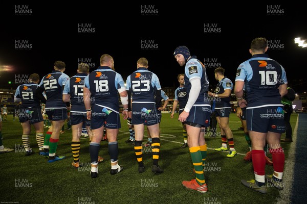 230220 - Cardiff Blues v Benetton Rugby, Guinness PRO14 - Cardiff Blues players wearing socks from their home clubs, line up to clap Benetton Rugby off the pitch